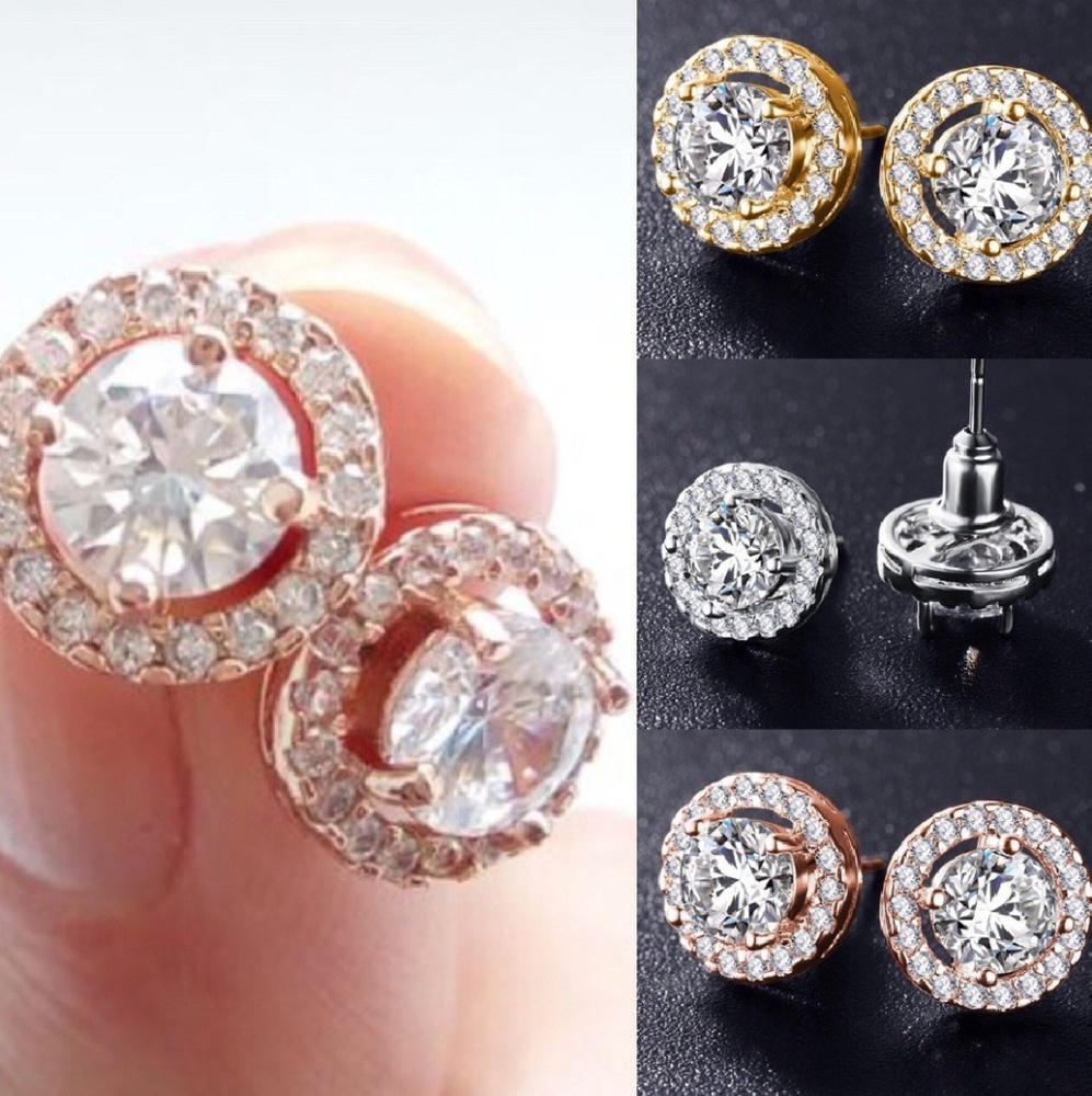 Rose Gold CZ Round Halo Earrings - Picture 5 of 6